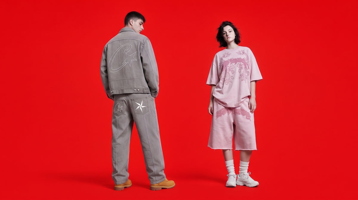 Chico y chica con ropa de la tienda sobre fondo rojo